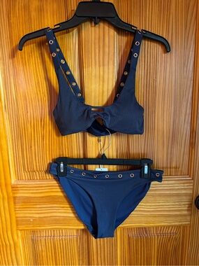 TiniBikini Ribbed Navy Eyelet Bikini Set - Women Swim